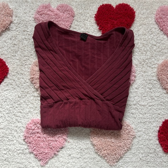 SHEIN Tops - SHEIN Ribbed V-Neck Long Sleeve Top - Deep Red